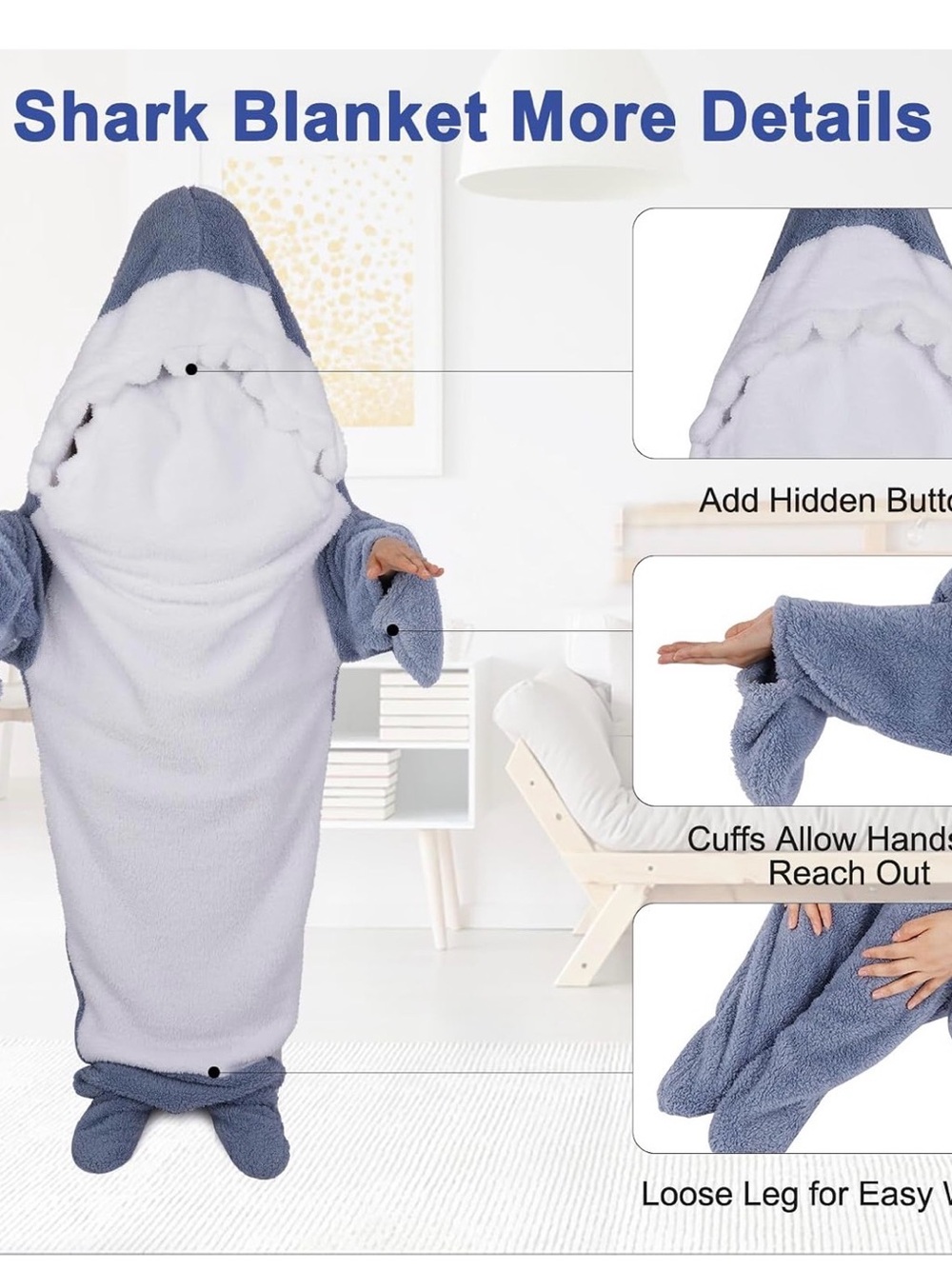 XXL Shark Blanket Hoodie Pajamas - Light Blue Cozy Wearable Blanket Onesie